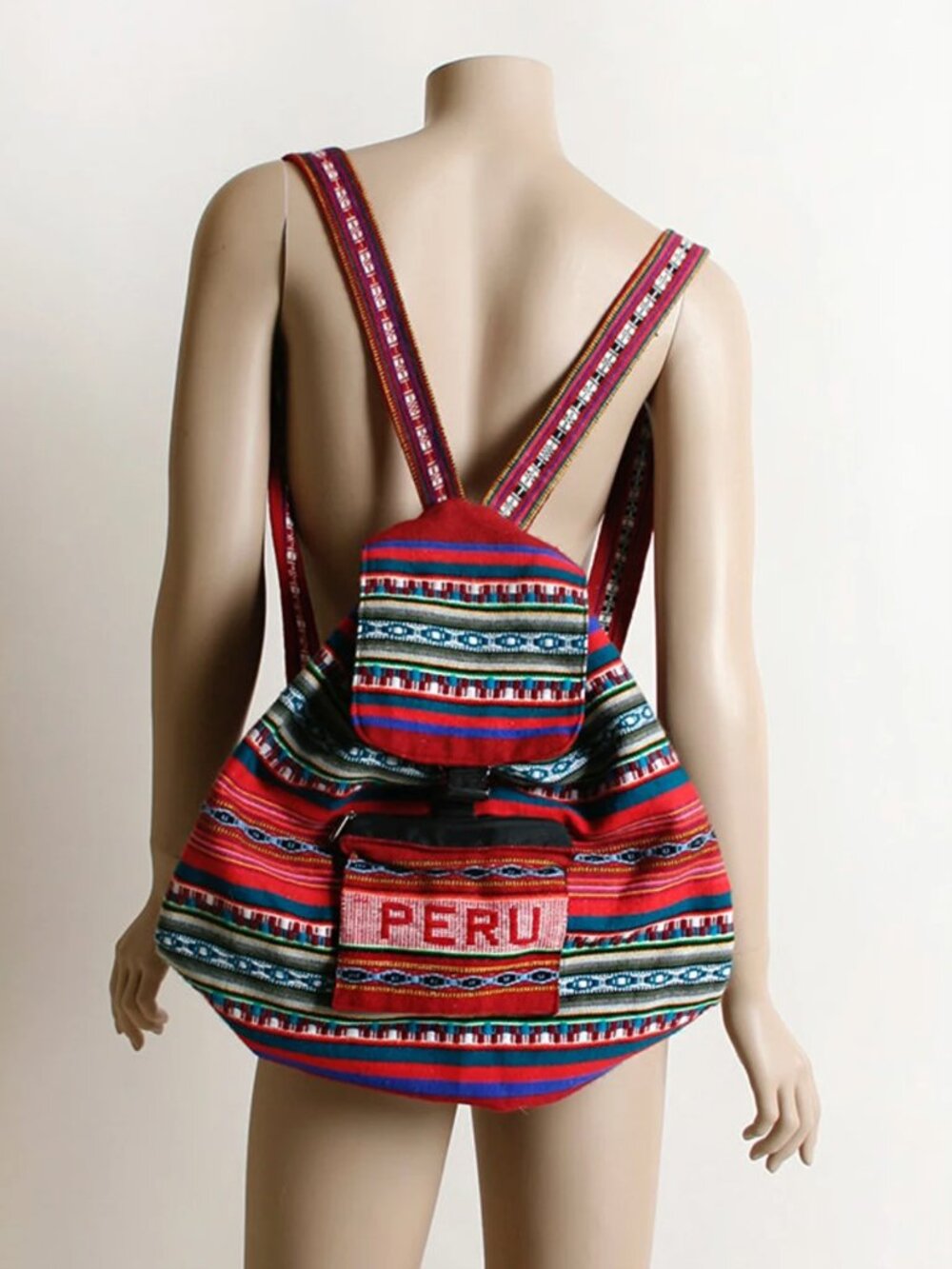 Vintage Woven Peru Slouchy Backpack Satchel Rainbow South America Souvenir Bag